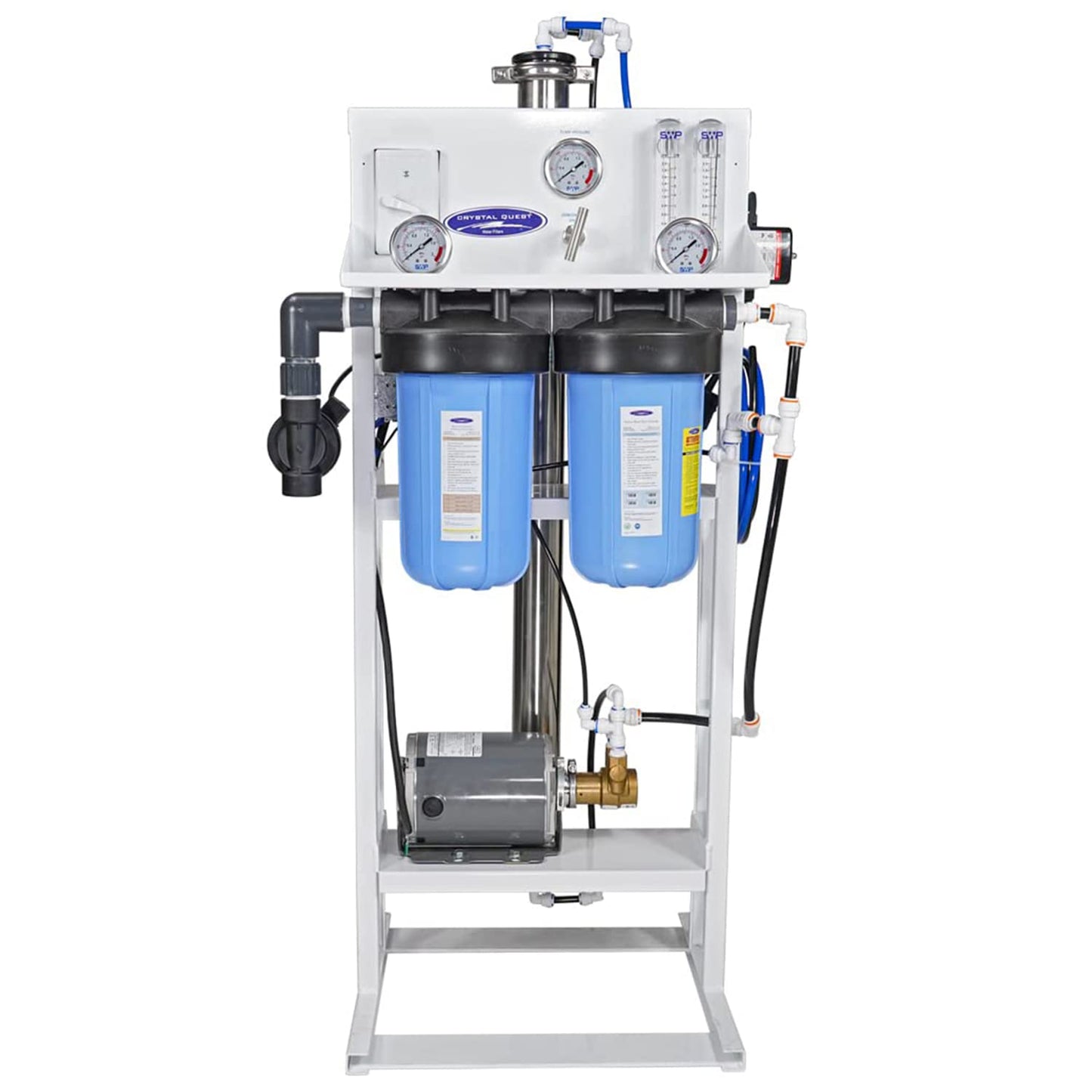 Water filtration system with blue tanks and various components on a white background