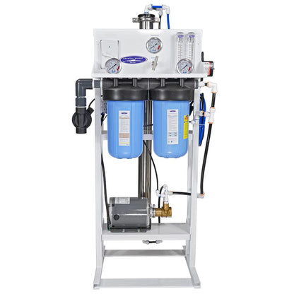 Water filtration system with blue tanks and various components on a white background