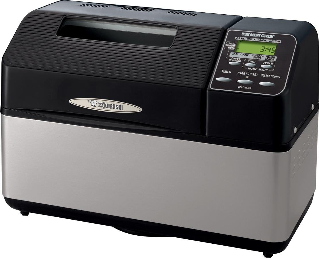 Zojirushi bread maker with digital display on a white background