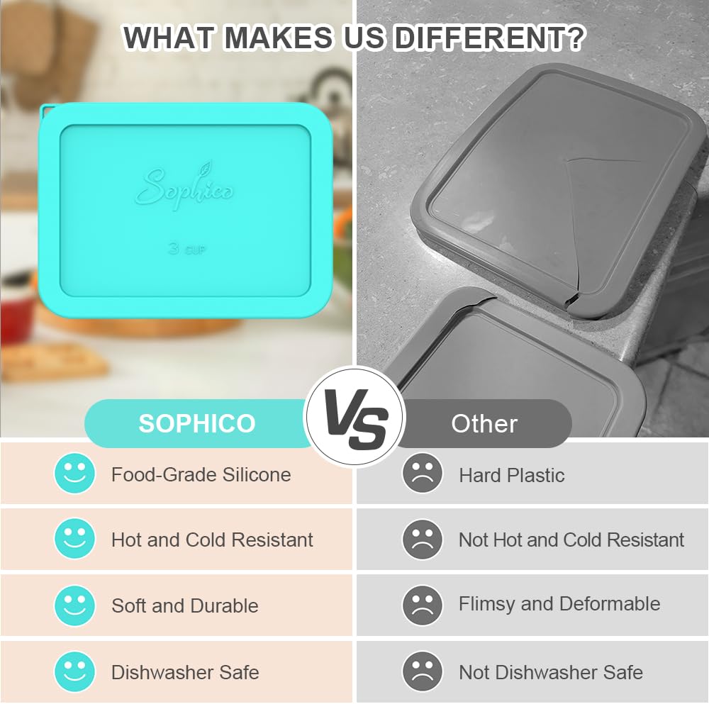 Comparison chart between Sophico silicone lids and other lids on a kitchen background.