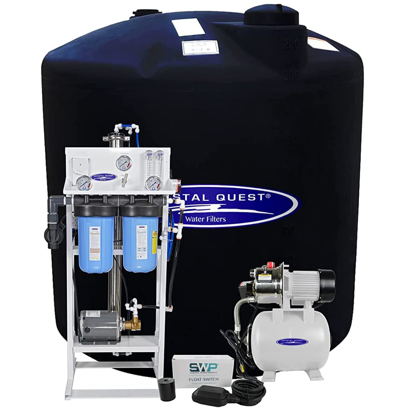CRYSTAL Quest water filter system with tank and pump on a white background