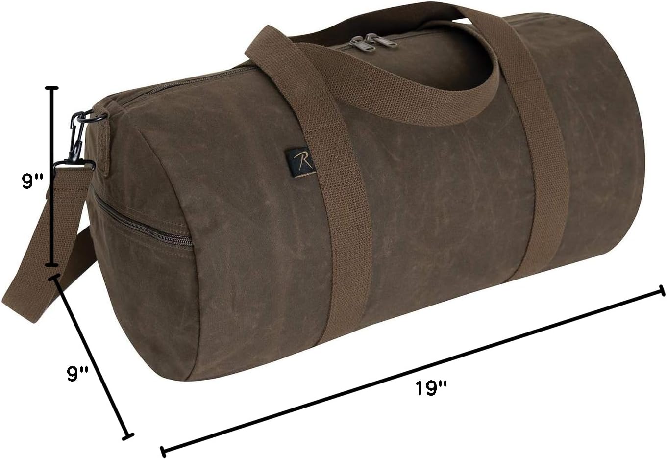 Brown duffel bag with measurements on a white background