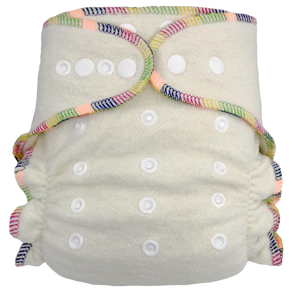 Beige cloth diaper with colorful elastic bands on a white background