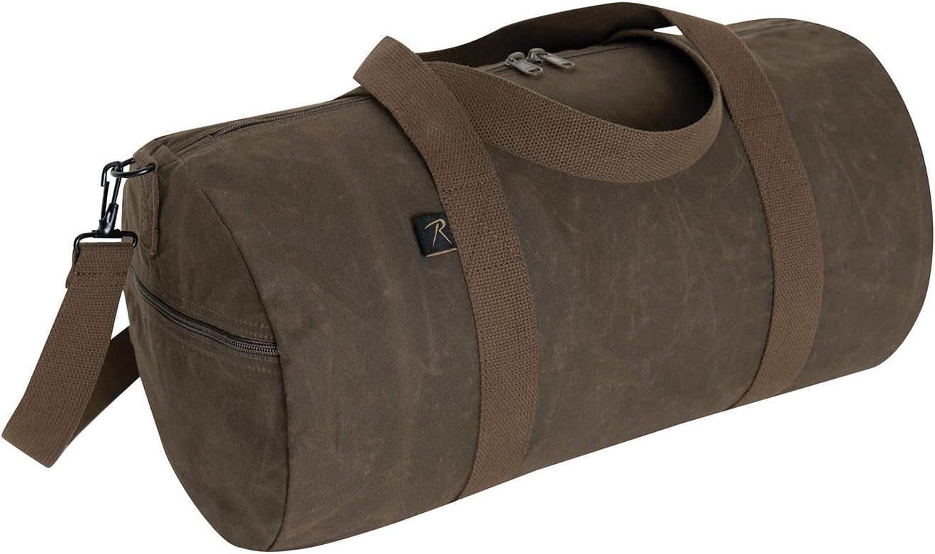 Brown duffel bag with straps on a white background