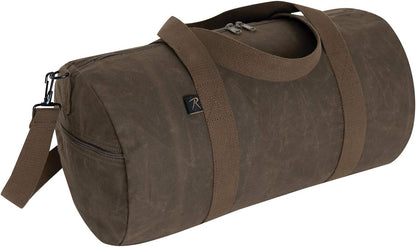 Brown duffel bag with straps on a white background