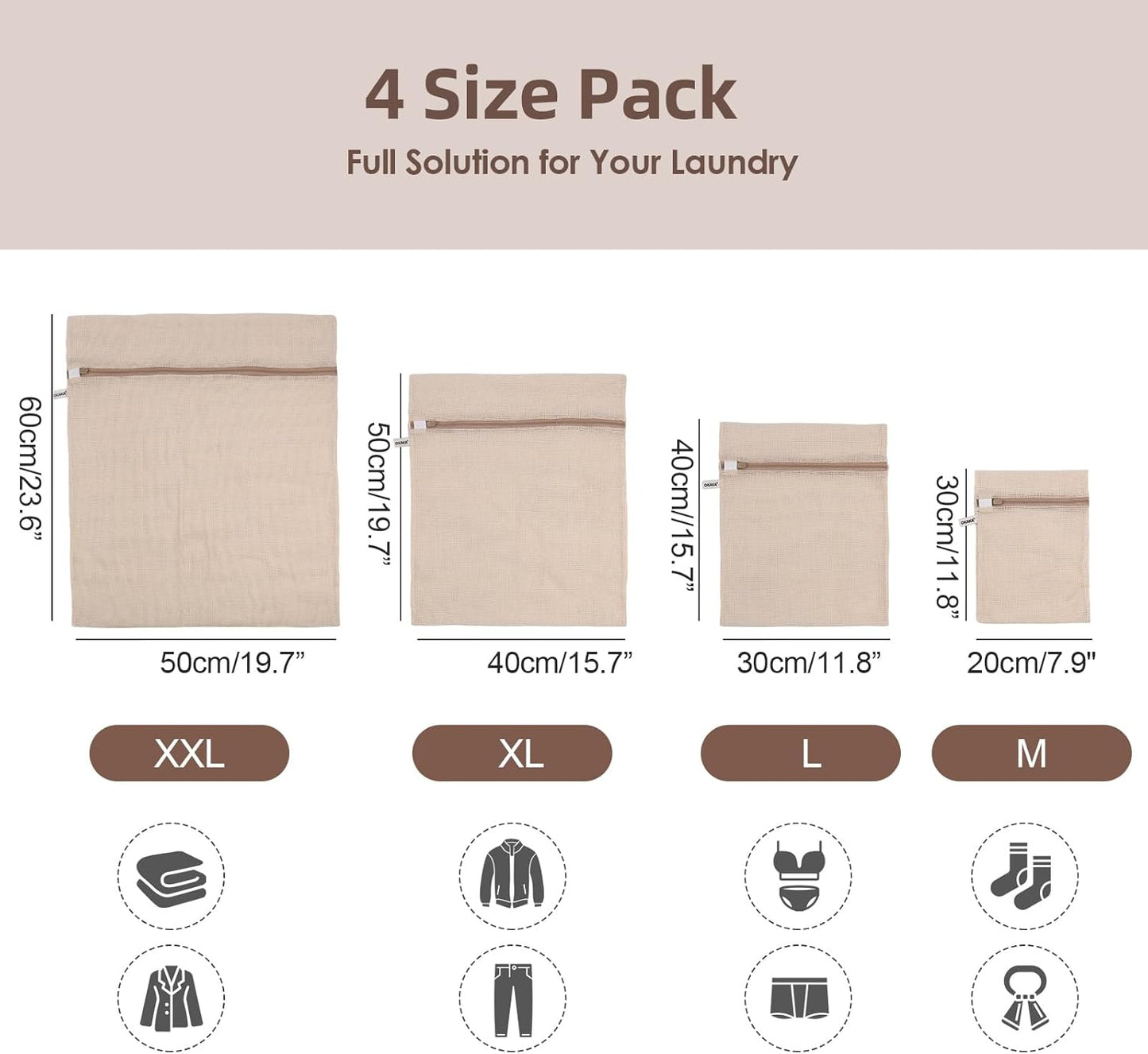 OKAKA 100% Pure Cotton Mesh Laundry Bags with Secure Zippers - Chemical-Free Garment Protection