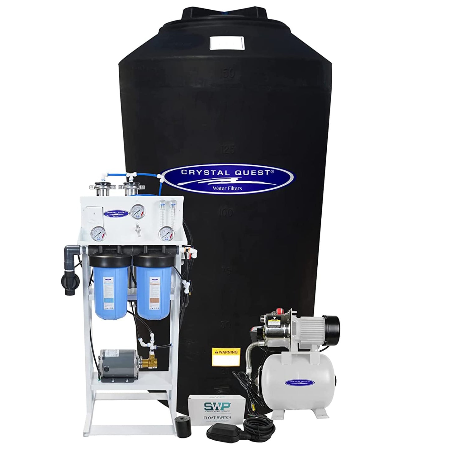Crystal Quest water filtration system with black tank, white pressure gauge, and pump on a white background