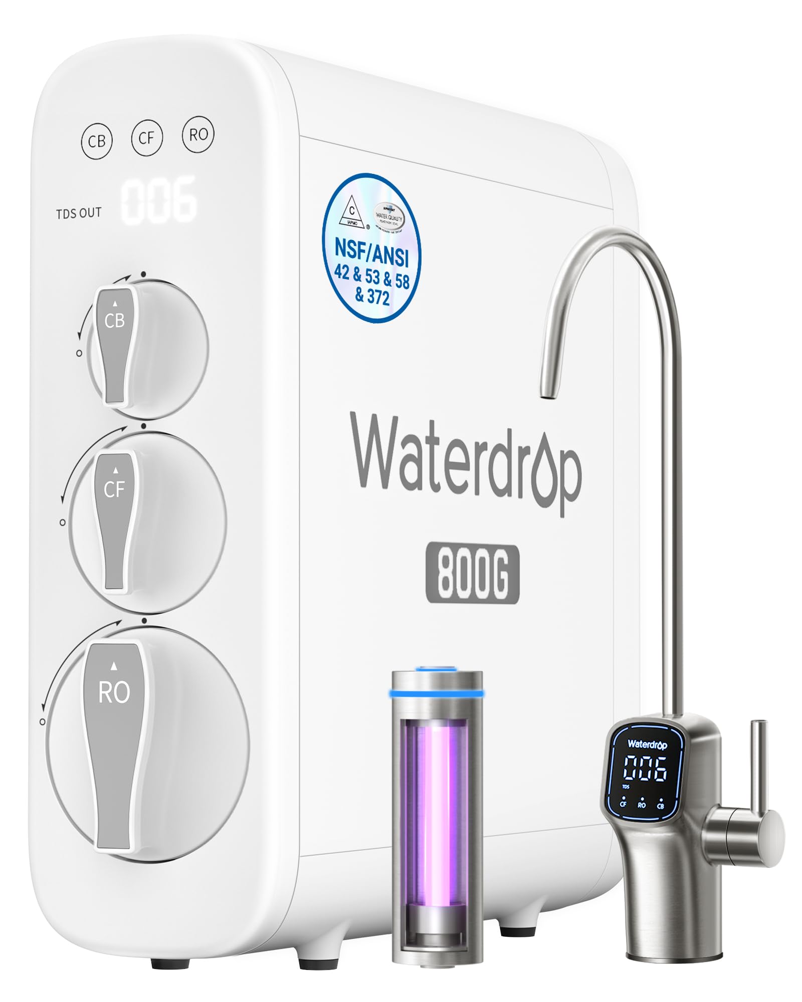 Waterdrop 800G water filtration system with digital display on a white background