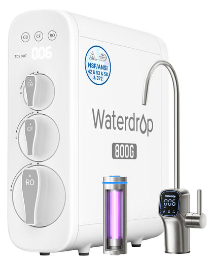 Waterdrop 800G water filtration system with digital display on a white background