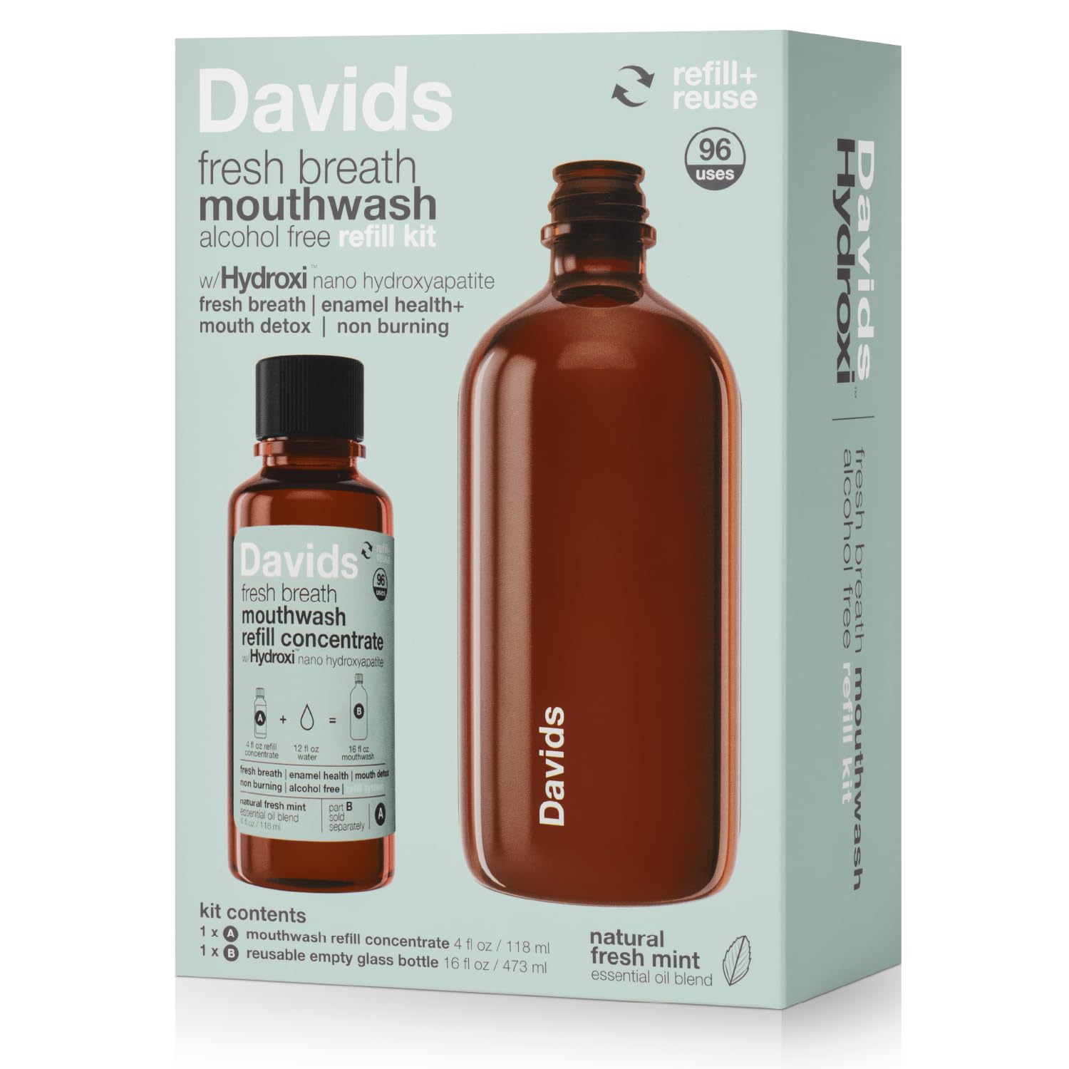 Davids mouthwash packaging with a brown bottle on a light green background