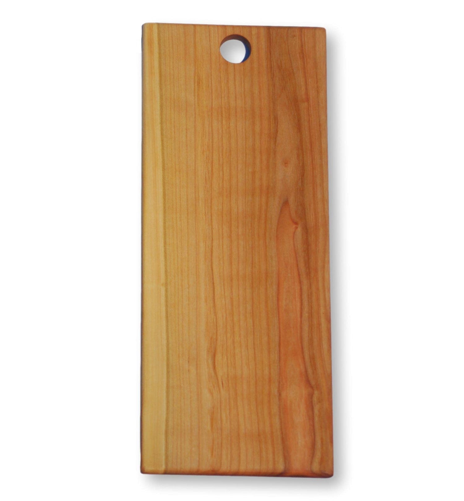 Wooden cutting board with a hole for hanging on a white background