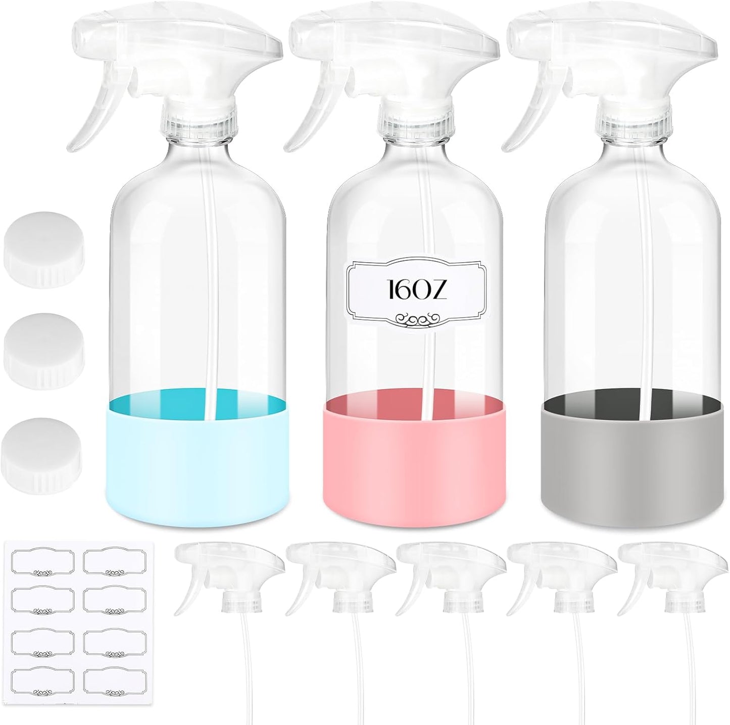 ZENOWICK 16 oz Glass Spray Bottles: 3-Pack with Protective Silicone Sleeves