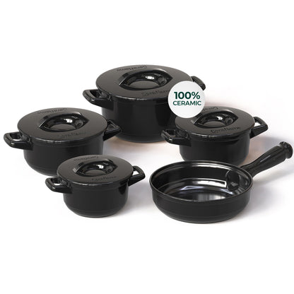 Set of black ceramic cookware with a '100% Ceramic' label on a white background