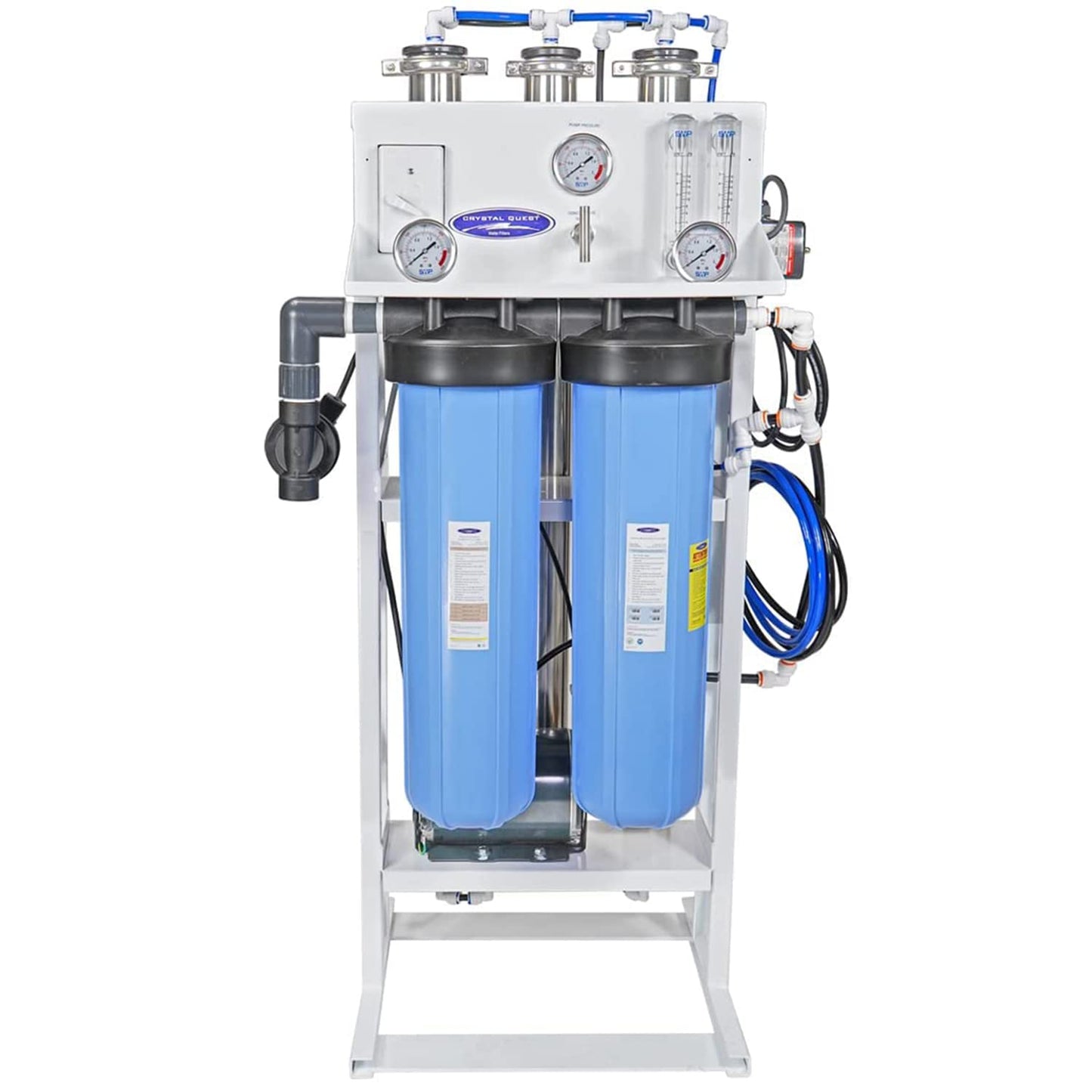 Water filtration system with blue cylindrical filters on a white background