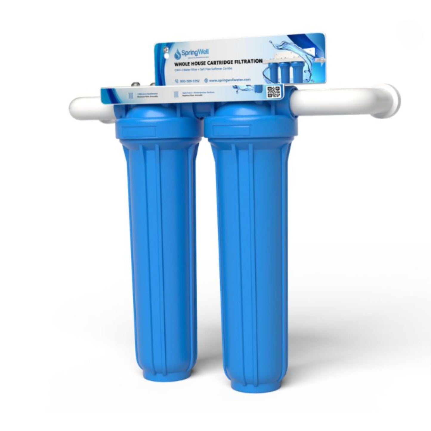 Blue water filter system with a SpringWell branded cartridge on a white background
