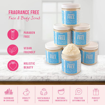 Fragrance-free face and body scrub with product display and feature icons on a marble surface.
