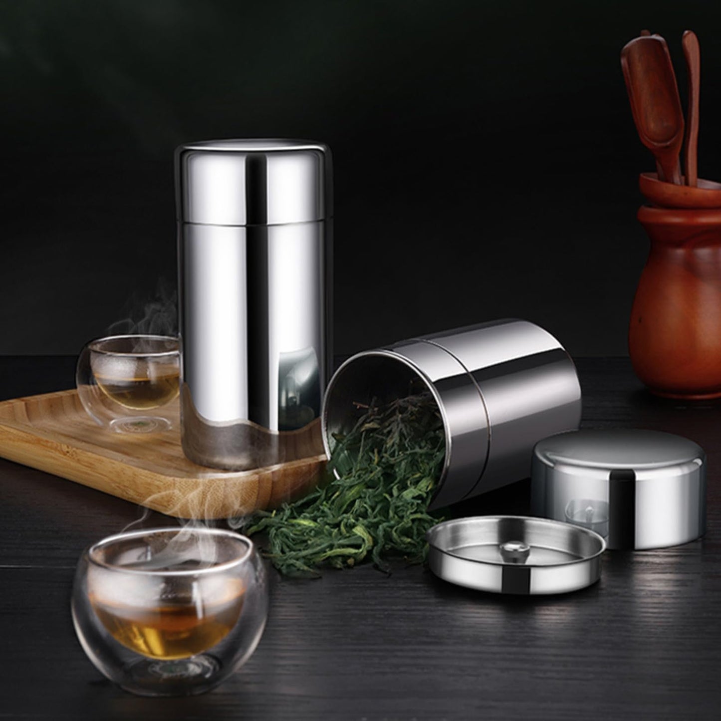 Plastic-Free Stainless Steel Tea Canister, Double Lid, 550 ml – AUNMAS