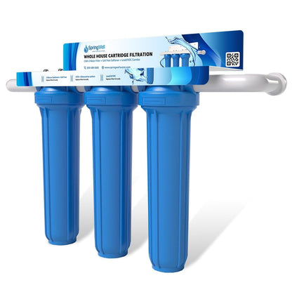 Three blue water filters with a packaging label on a white background