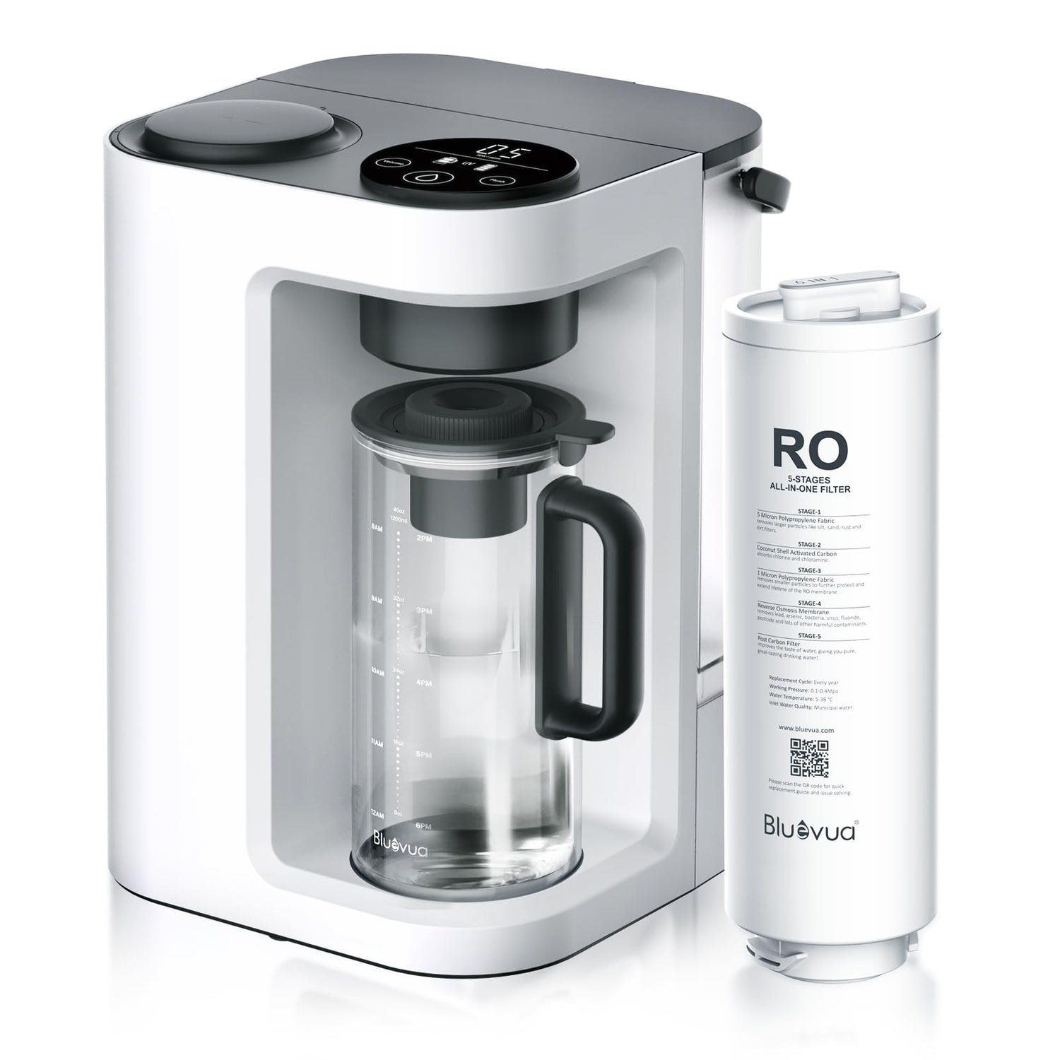 White water filter machine with a black handle and a Bluvua RO water filter cartridge on a white background
