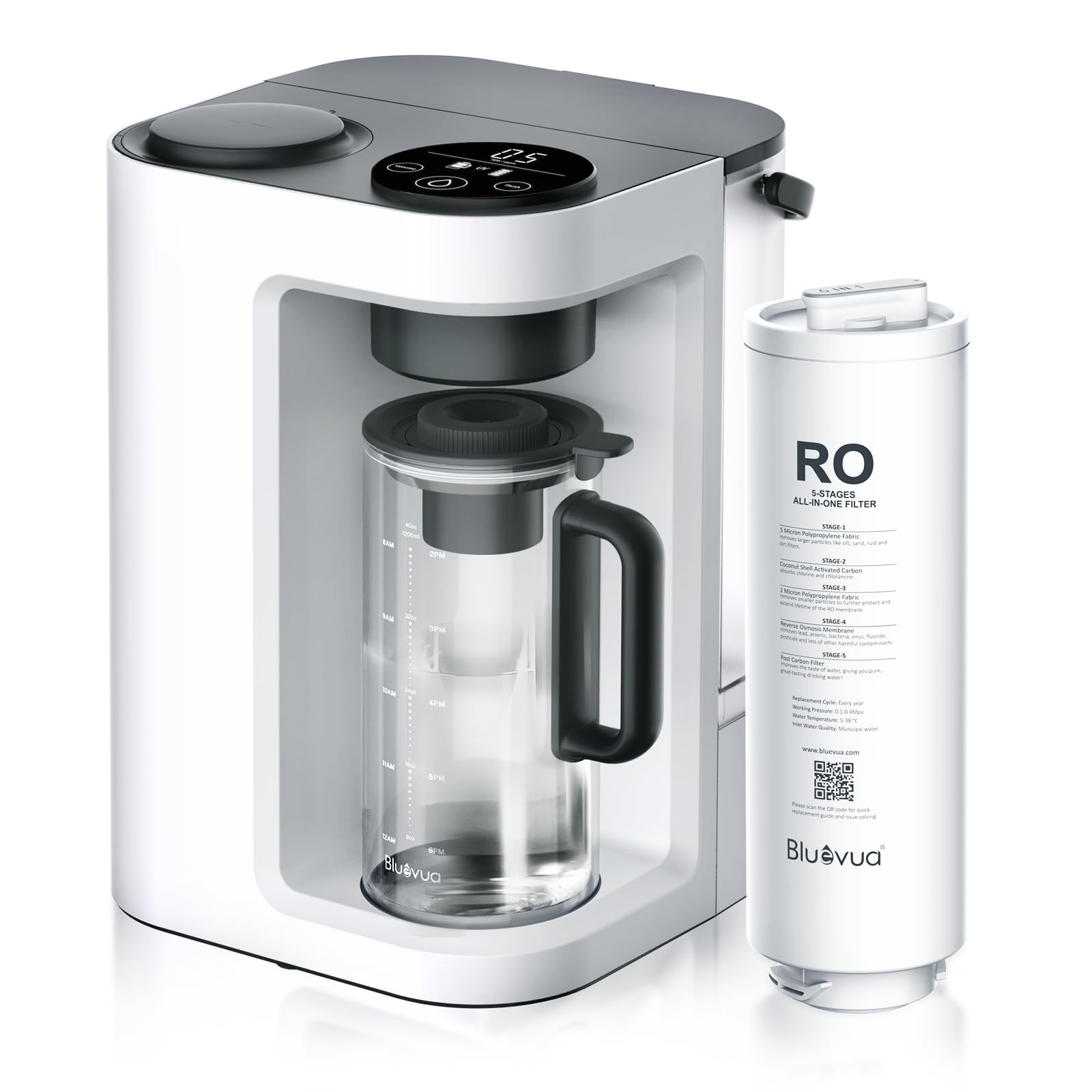 White water filter machine with a black handle and a Bluvua RO water filter cartridge on a white background
