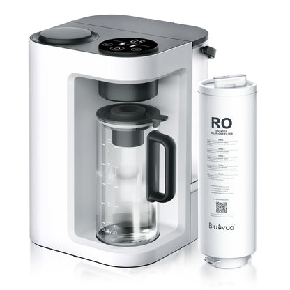 White water filter machine with a black handle and a Bluvua RO water filter cartridge on a white background