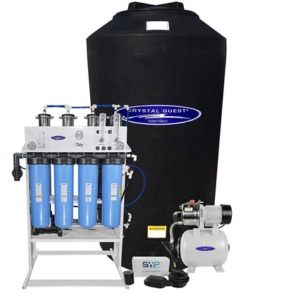 Water filtration system with blue tanks and a black storage bag labeled 'Crystal Quest' on a white background.