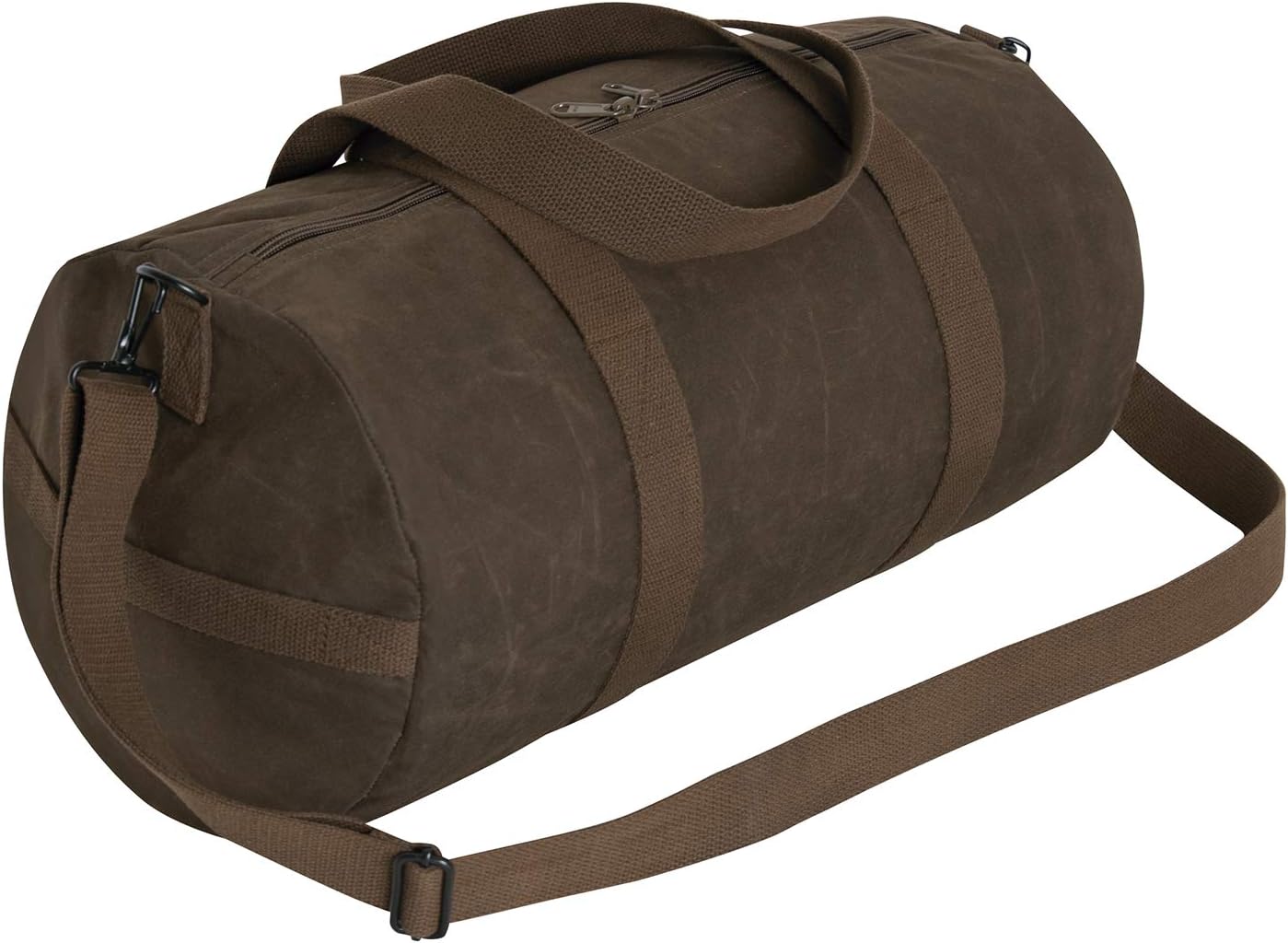 Brown duffel bag with a strap on a white background