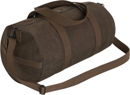 Brown duffel bag with a strap on a white background