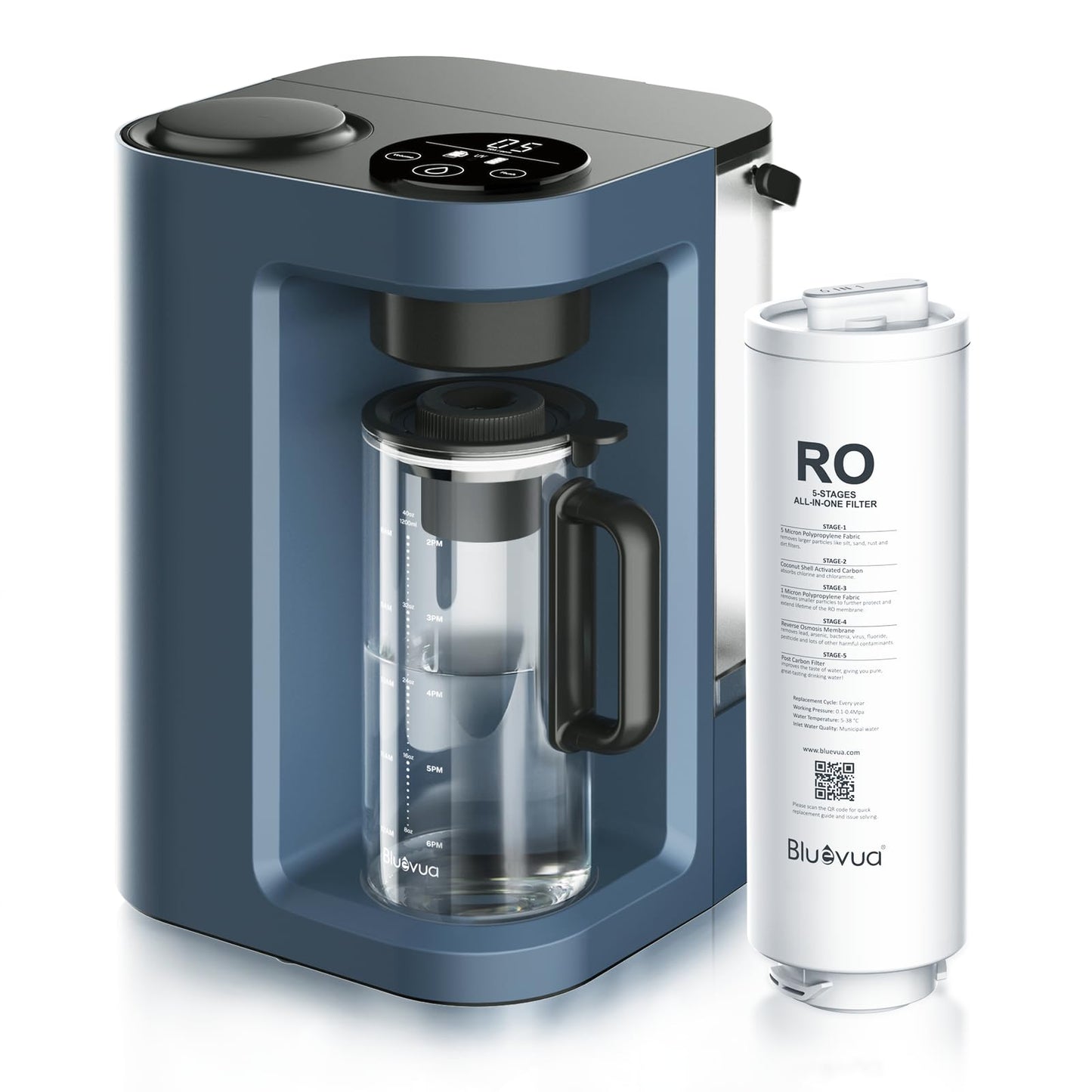 Blue coffee maker with glass carafe and white RO filter on a white background
