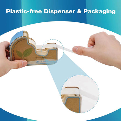 Plastic-free dispenser with hands using it against a blue and white background