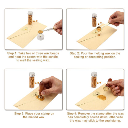 Step-by-step guide on applying wax seals to envelopes with text instructions.