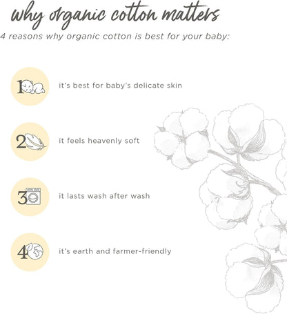 List of reasons why organic cotton is best for babies with illustrations and text on a white background.
