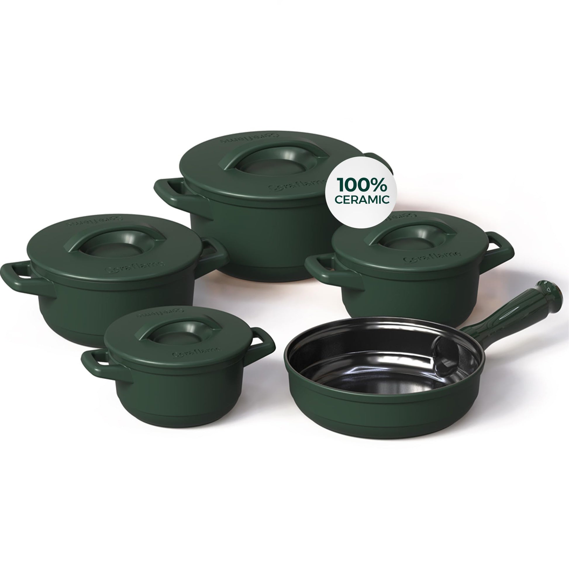 Set of green ceramic cookware with lids on a white background