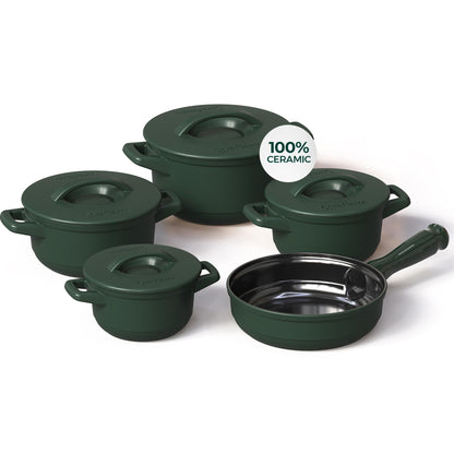Set of green ceramic cookware with lids on a white background