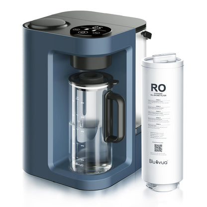 Blue coffee maker with a glass carafe and a white RO filter cartridge on a white background