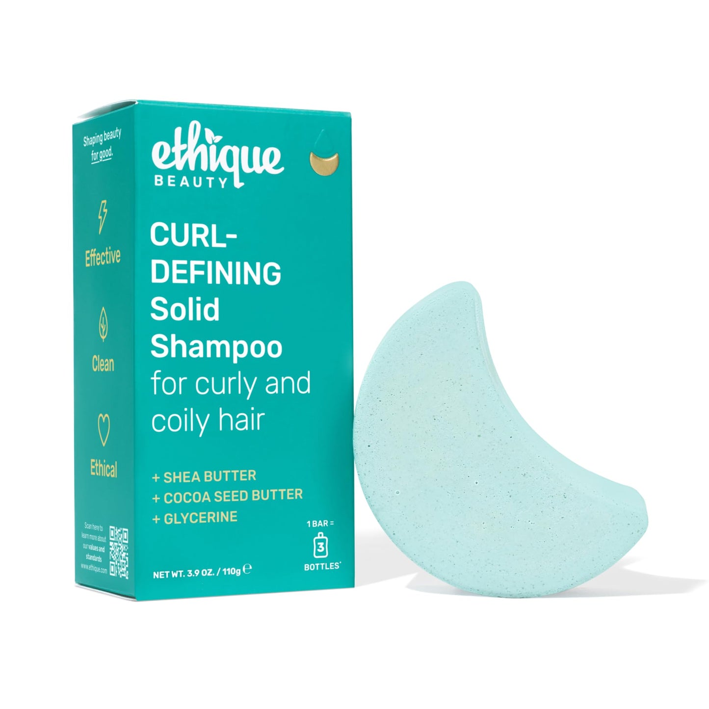 Ethique Beauty Curl-Defining Solid Shampoo packaging with a teal color scheme on a white background.