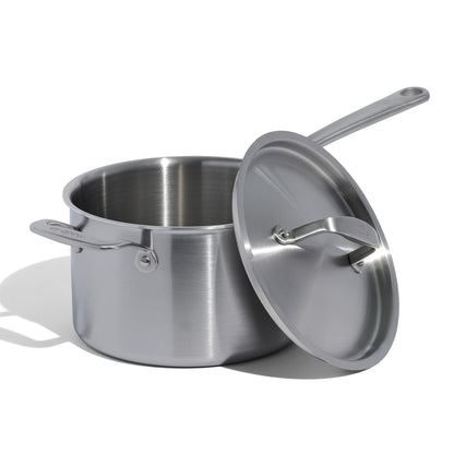 Stainless steel pot with lid on a white background