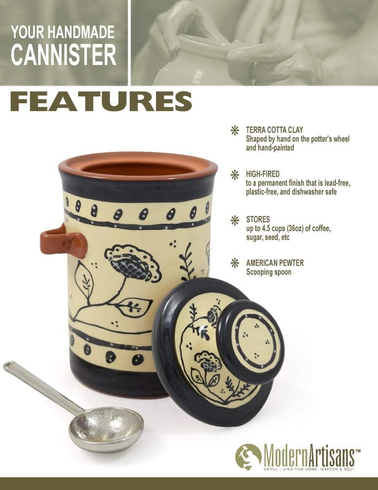Ceramic canister with lid and spoon on a white background, featuring 'Modern Artisans' branding.