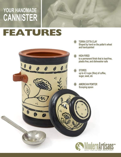 Ceramic canister with lid and spoon on a white background, featuring 'Modern Artisans' branding.