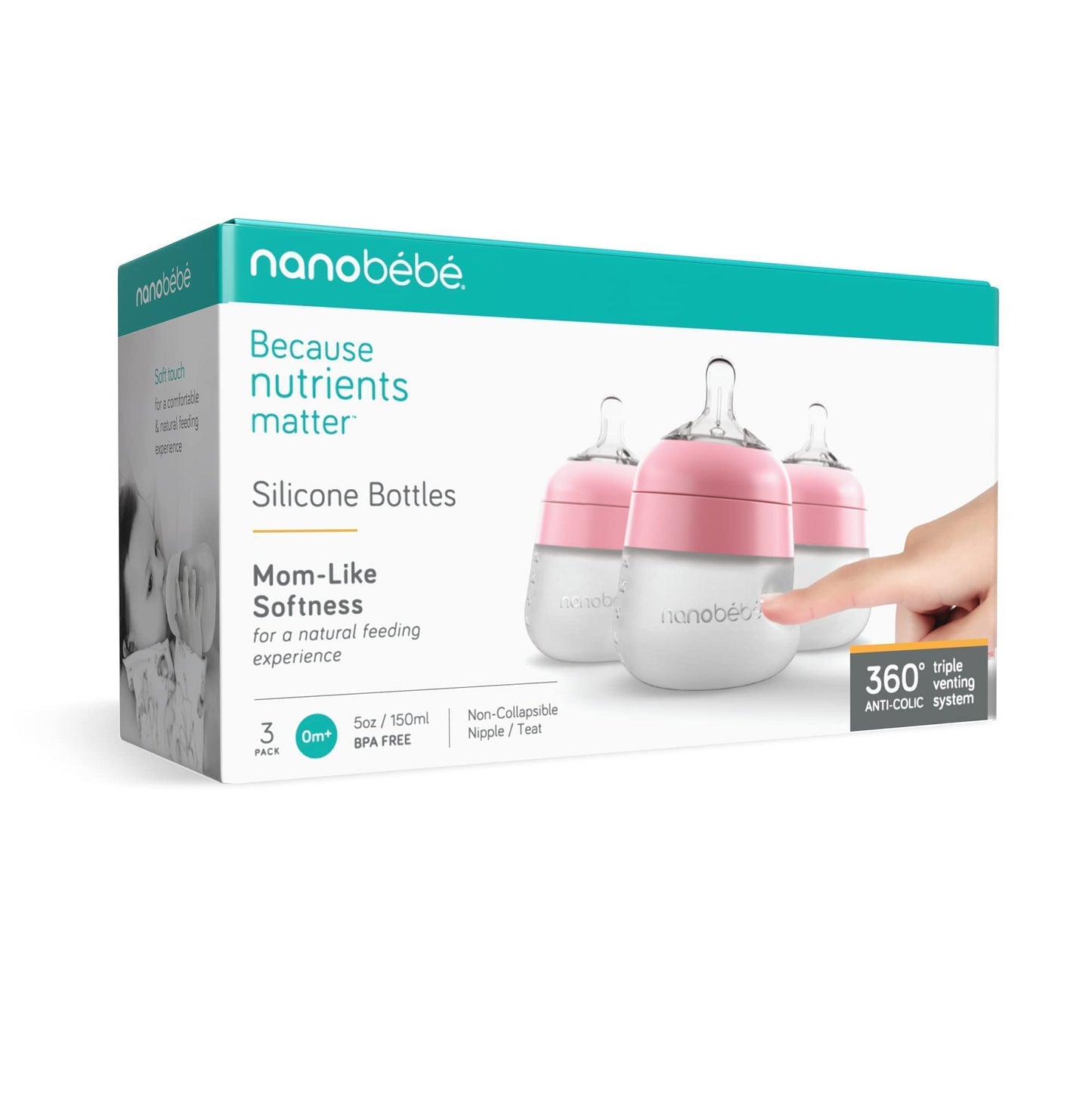 Nanobebe Flexy 9oz Silicone Baby Bottles with Anti-Colic Venting (3-Pack)