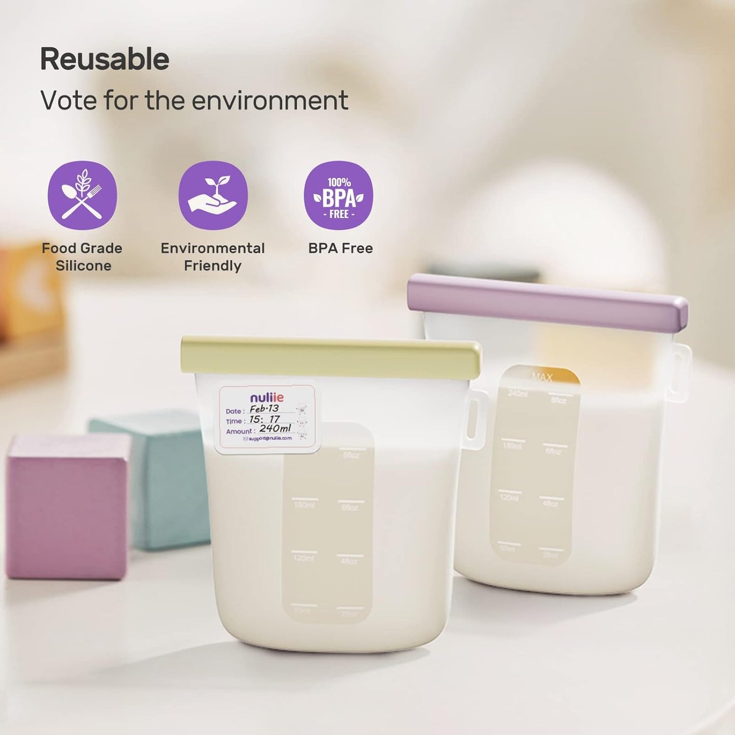 Nuliie 8oz Reusable Silicone Breastmilk Storage Bags (7-Pack)
