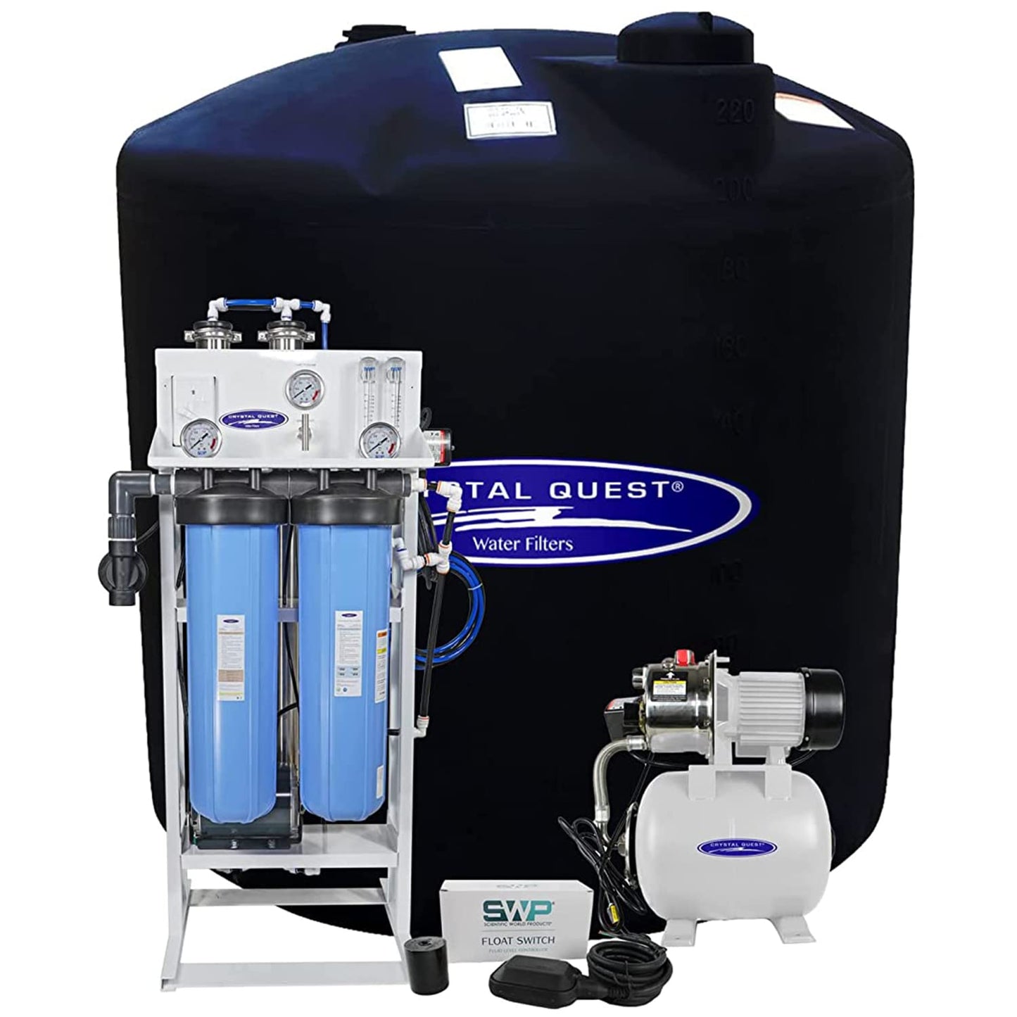 Water filtration system with two blue filters, a black tank, and a white pump on a white background.