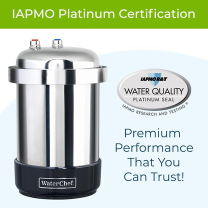 Stainless steel water filter with IAPMO Platinum Certification logo and text on a white background