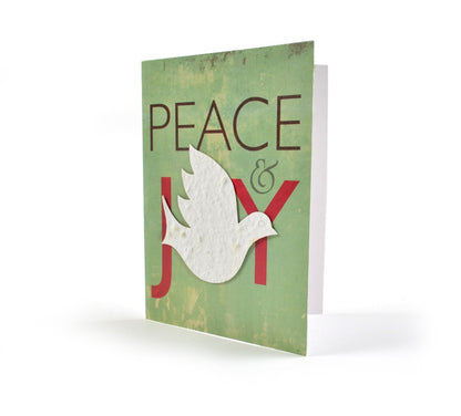 Greeting card with 'Peace & Joy' text and a dove on a green background