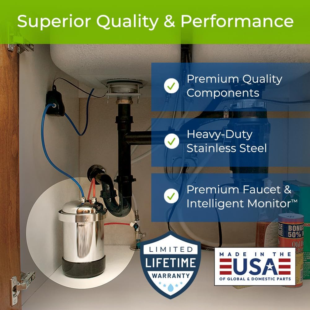 Under sink plumbing system with quality and performance features highlighted.