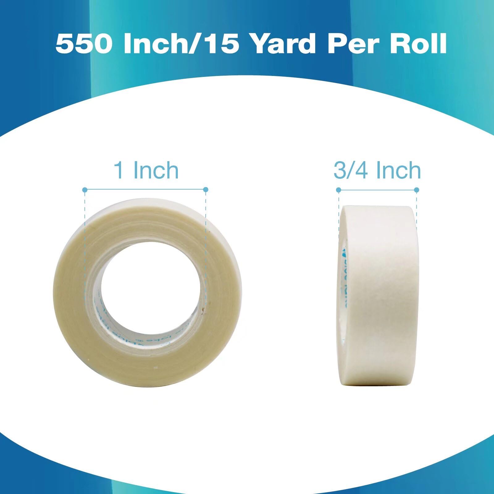 Roll of tape with dimensions labeled on a blue and white background