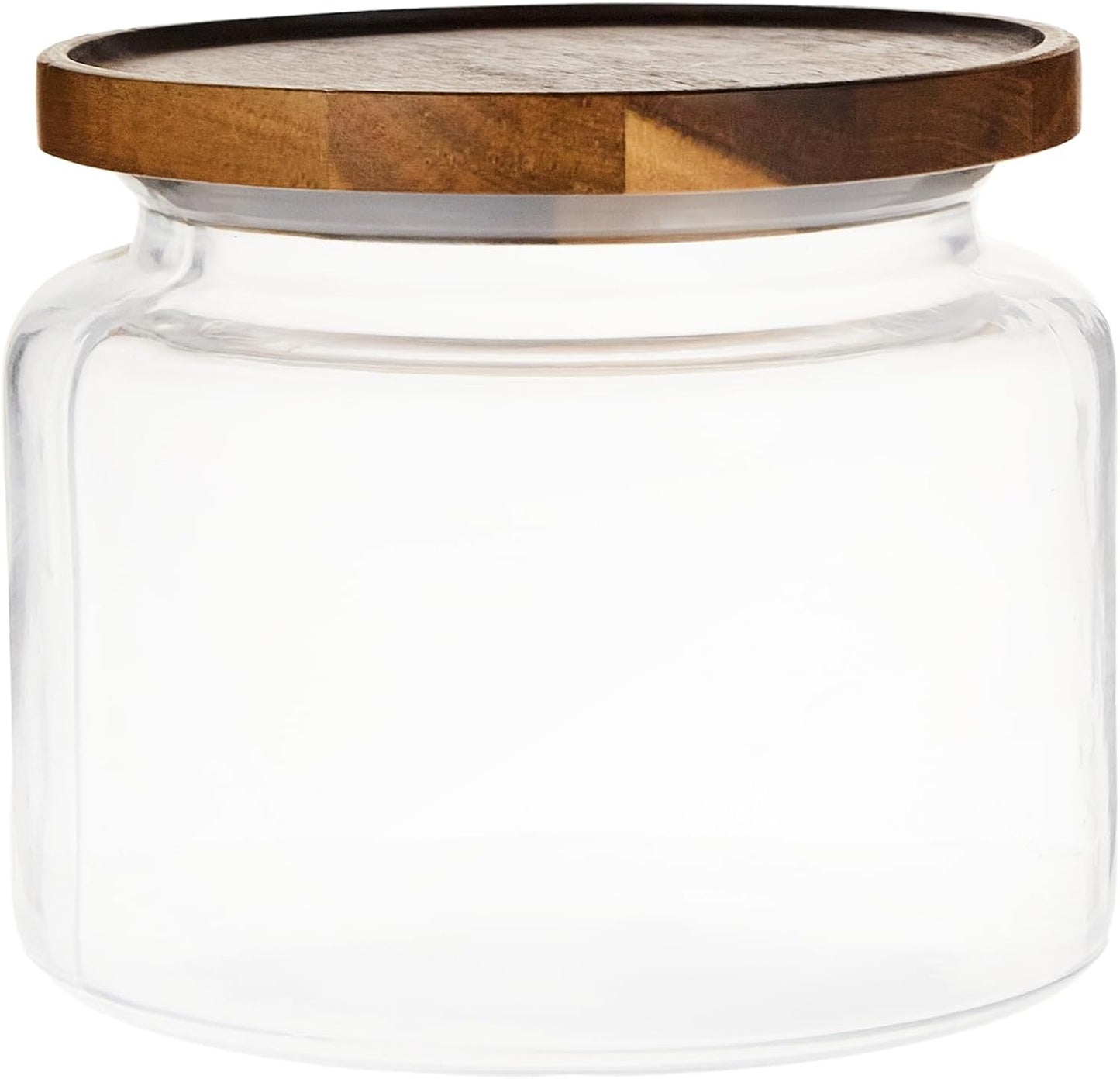 Clear glass jar with a wooden lid on a white background