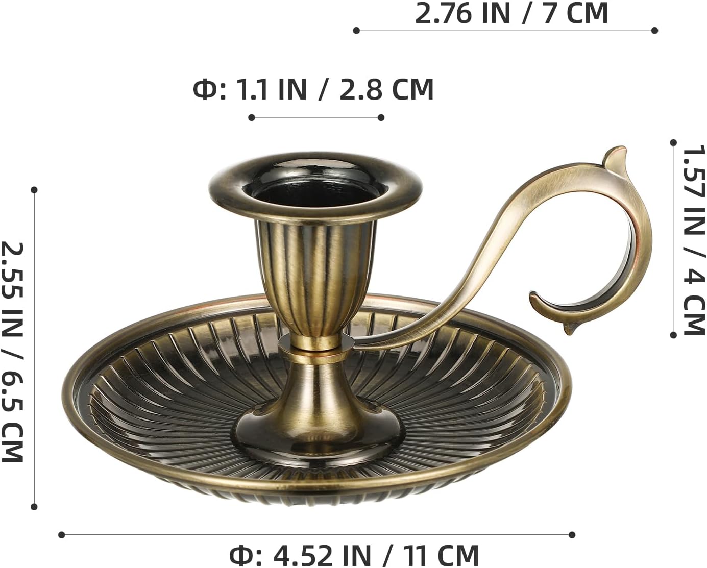 Bronze candle holder with dimensions displayed