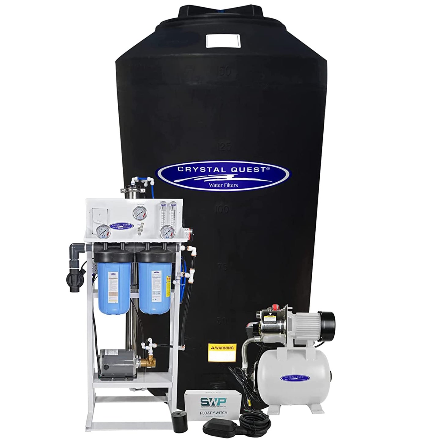 Water filtration system with Crystal Quest branding on a white background