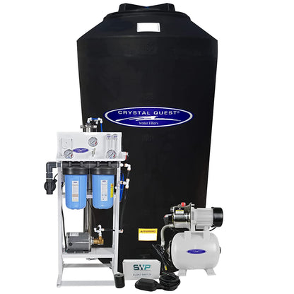 Water filtration system with Crystal Quest branding on a white background